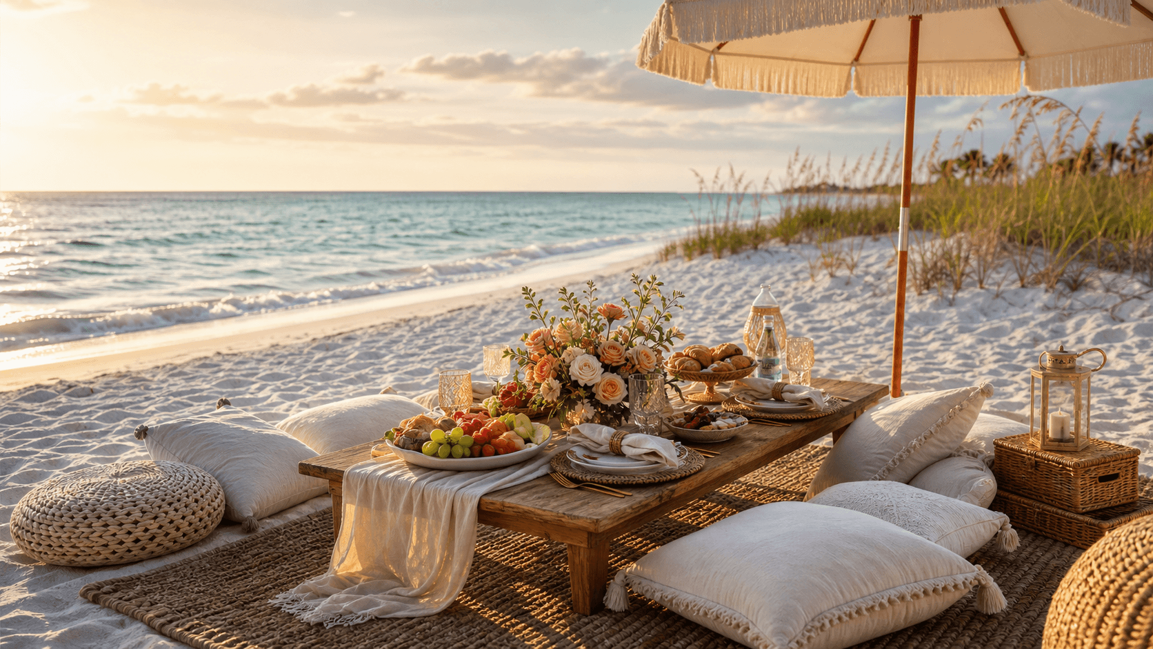 Luxury beach picnic setup on a Naples Florida beach at golden hour