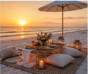 Luxury beach picnic setup on a Naples Florida beach at golden hour