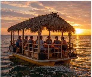 Private tiki boat cruise at sunset on the Gulf of Mexico