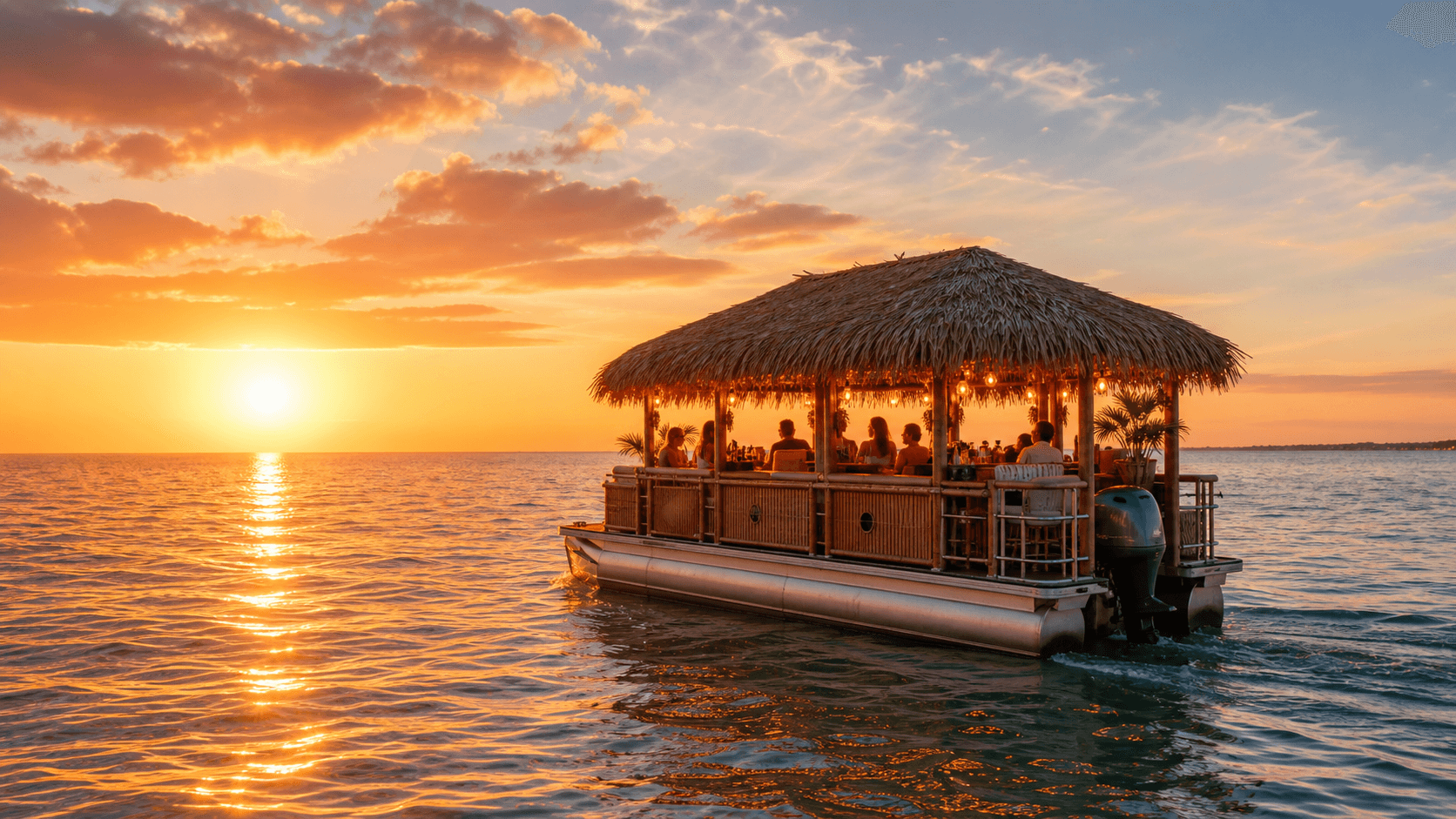 Tiki Tides-style private tiki boat at sunset on the Gulf of Mexico