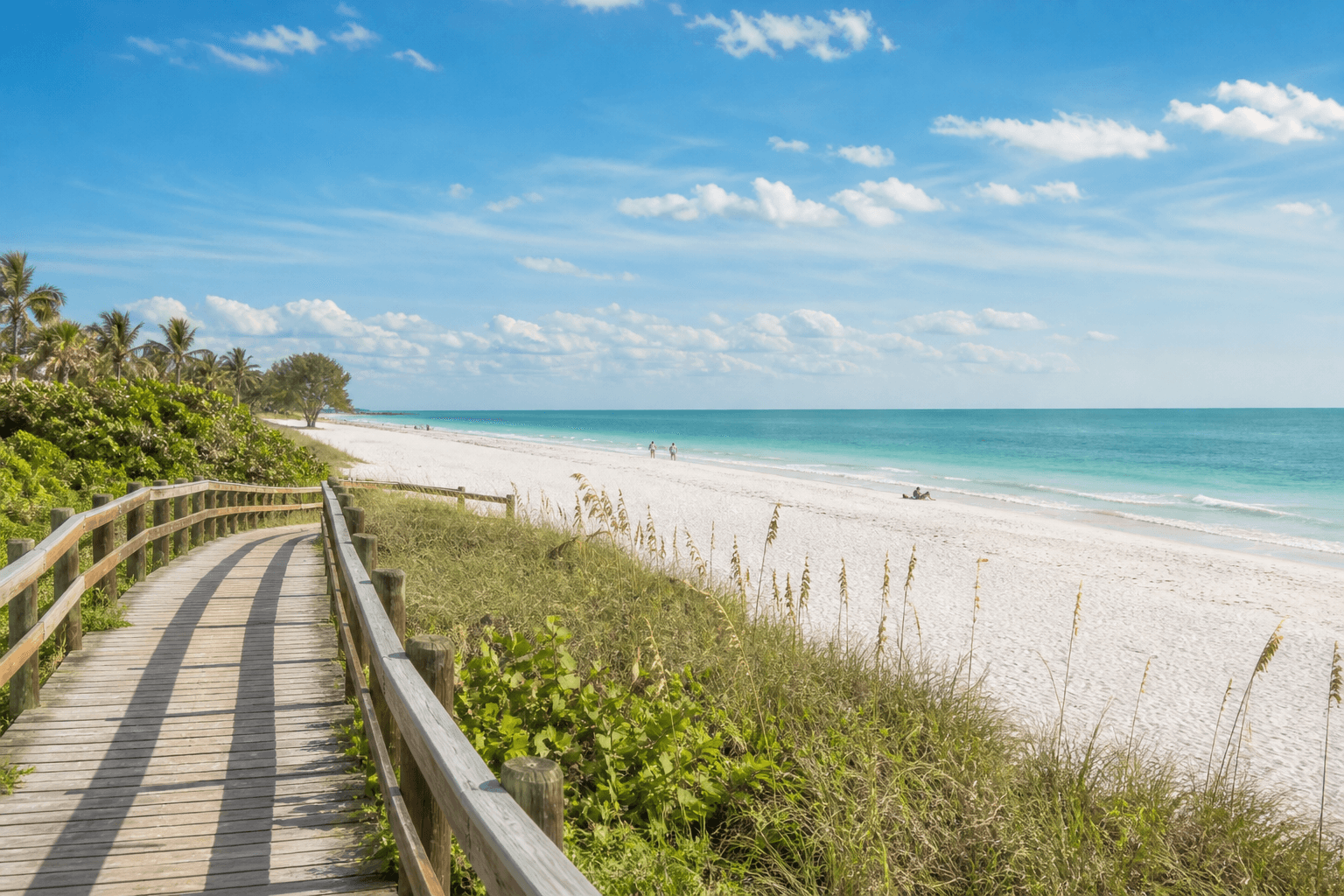 Naples beach access boardwalk leading to white sand and Gulf water