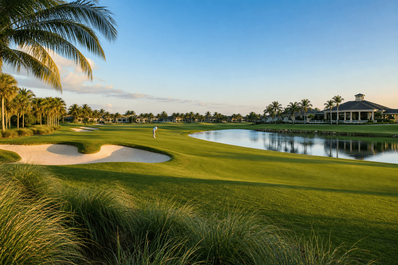 Naples golf course with palms, water, and manicured fairway