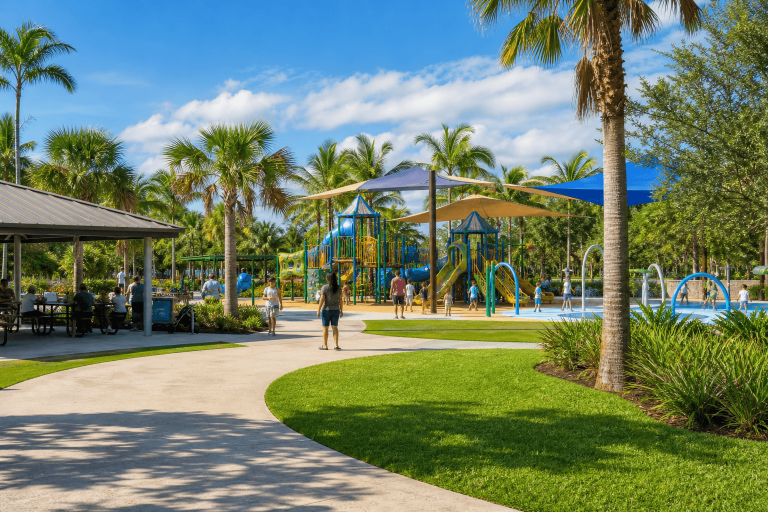 Naples community park with playground, splash pad, palms, and families