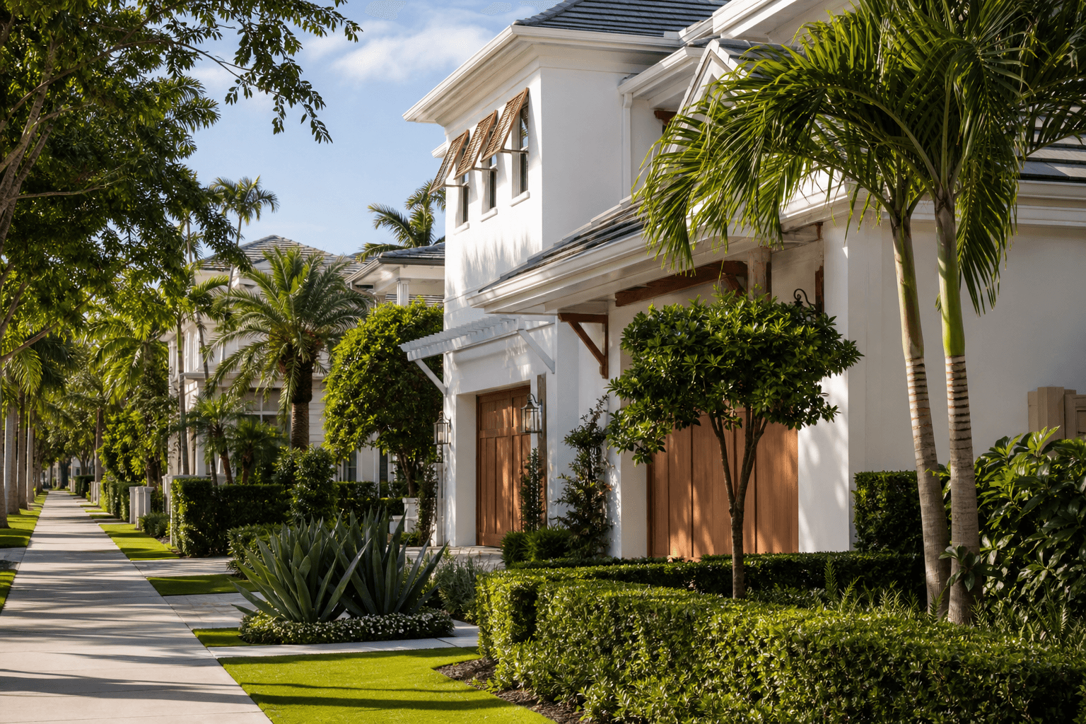 Naples residential street with coastal homes and tropical landscaping