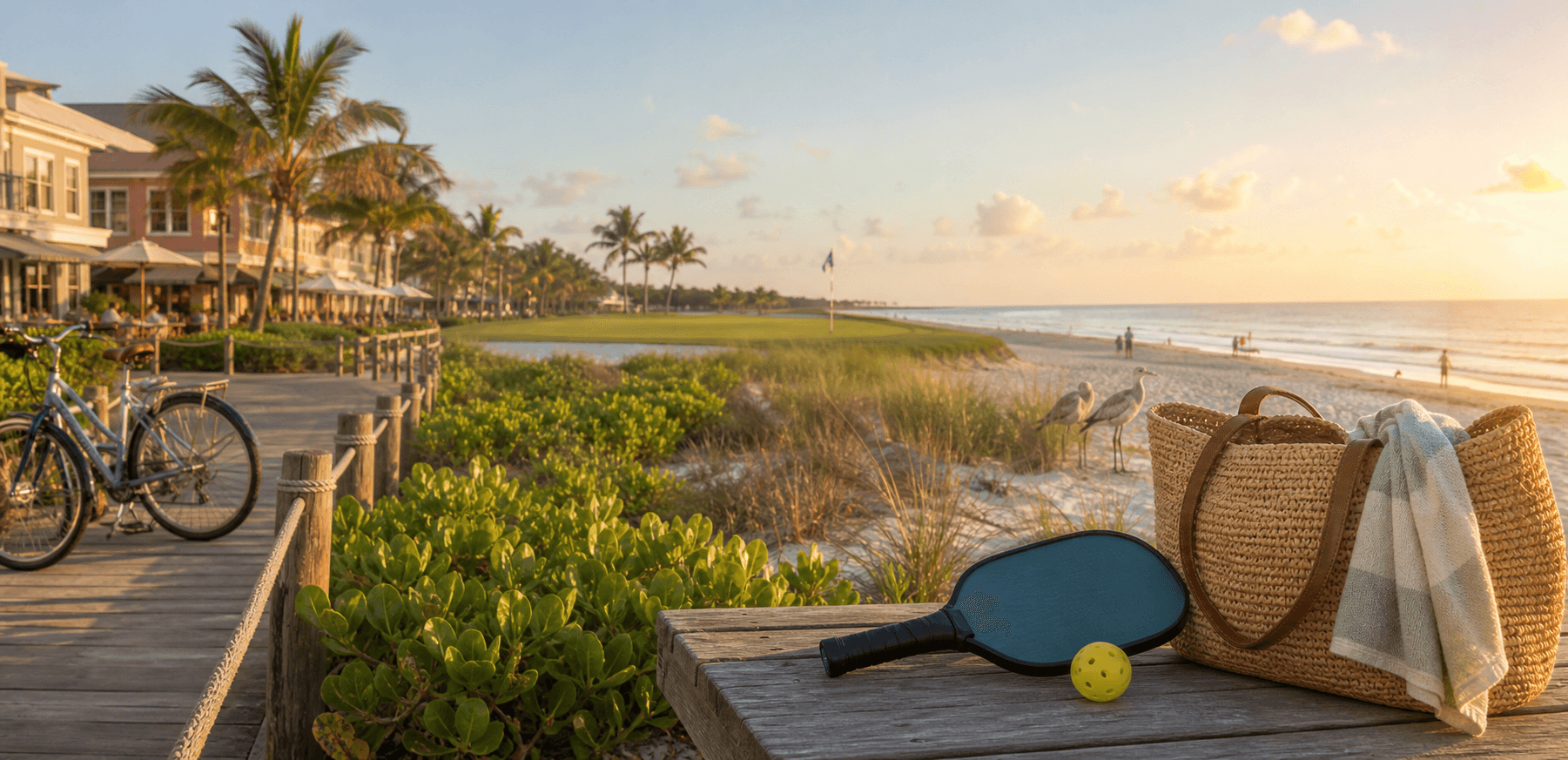 Beach, boardwalk, golf, pickleball, bicycles, and shore birds representing stuff to do in Naples Florida