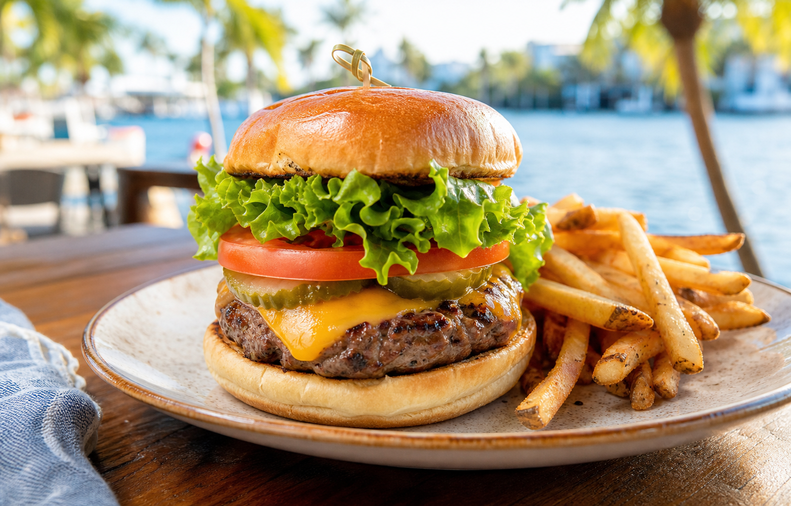 Craft burger with fries on a sunny waterfront Naples restaurant table