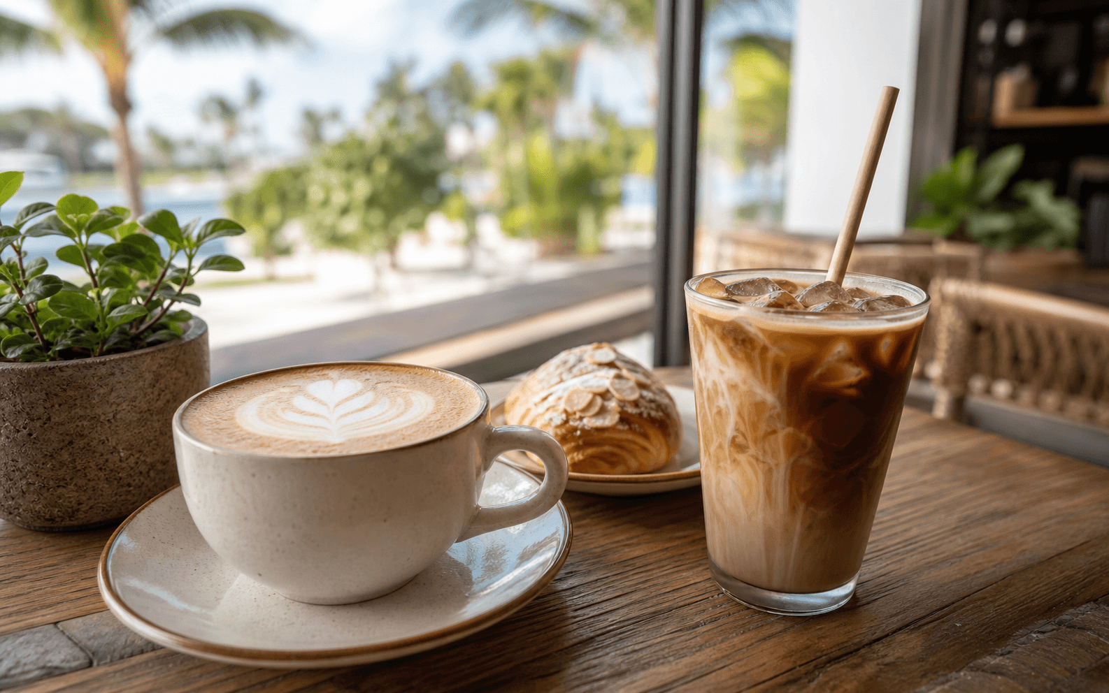 Cappuccino, iced coffee, and pastry in a sunny Naples coffee shop