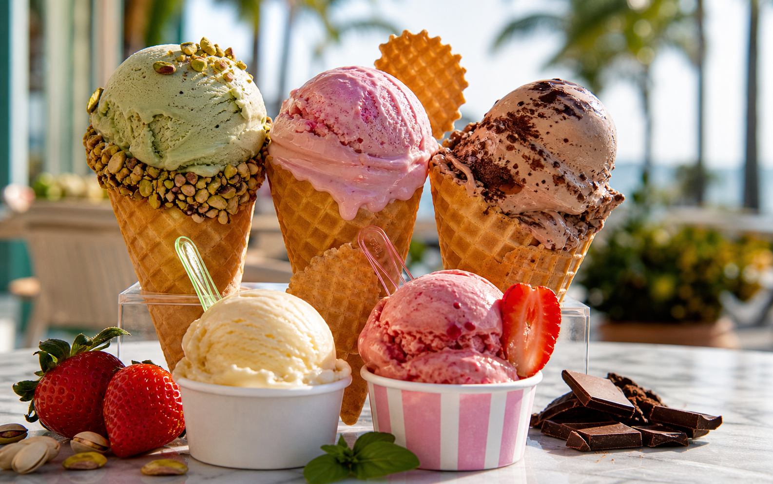 Colorful ice cream cones and cups in bright Naples patio light