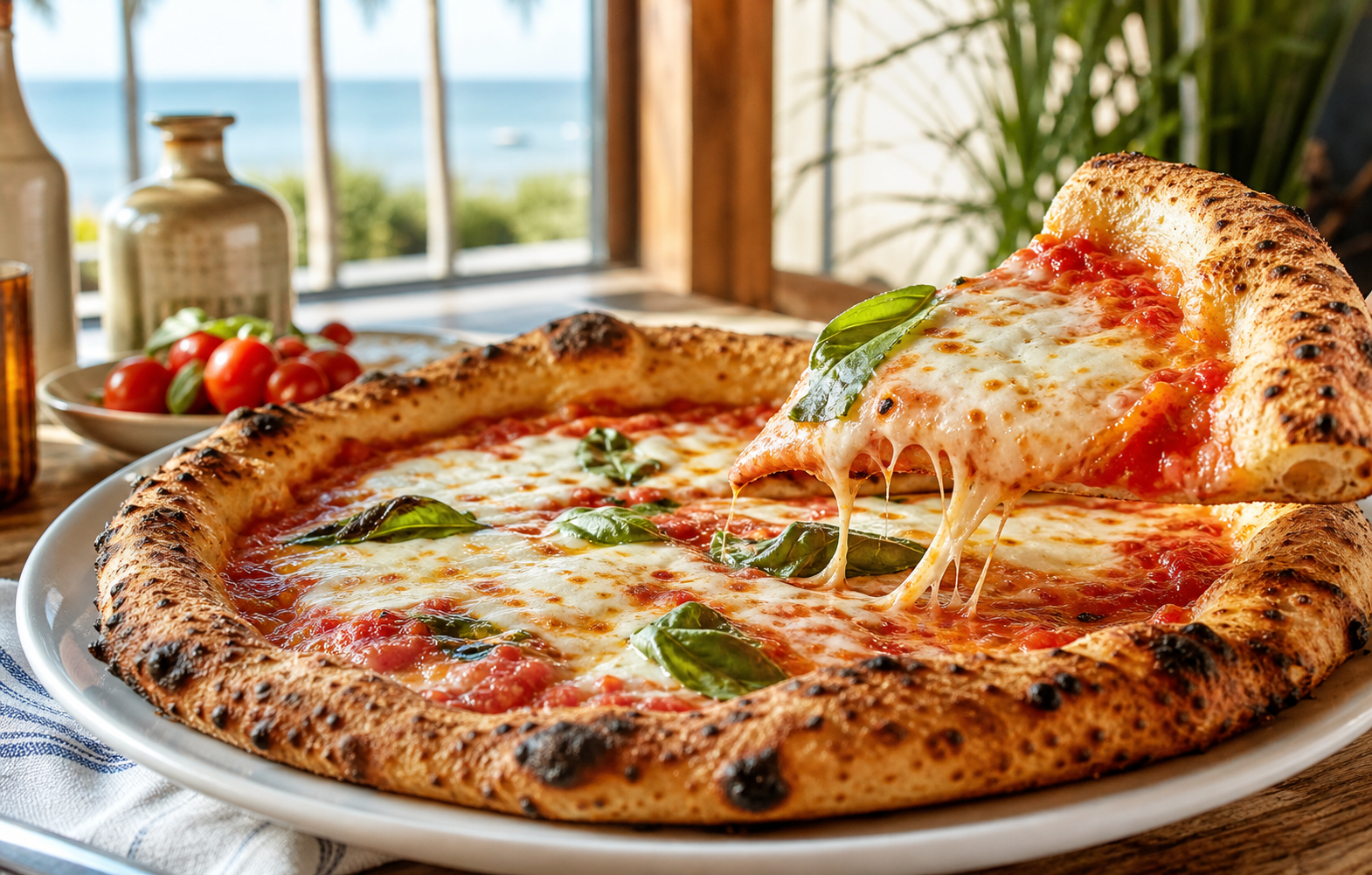 Cheese pizza with basil near a sunny Naples coastal window