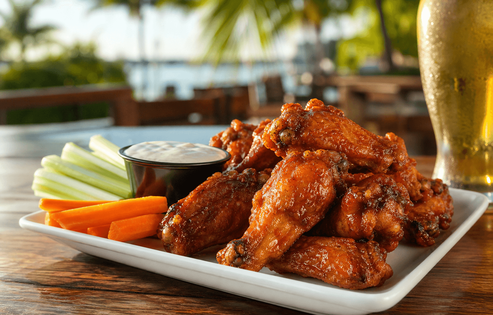 Crispy sauced chicken wings with celery, carrots, and dipping sauce
